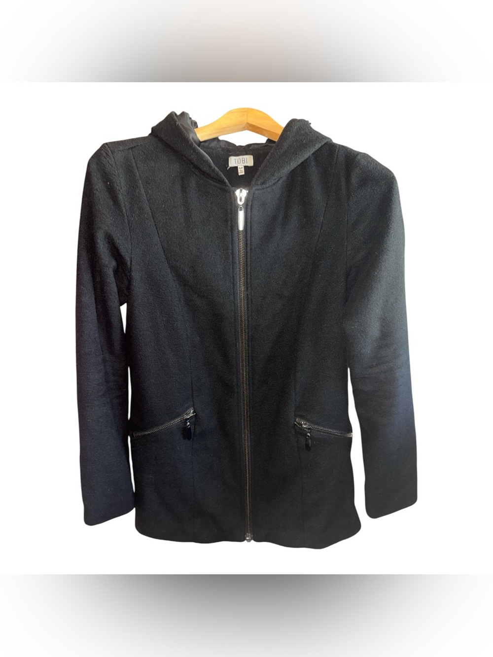 Tobi Black Hooded Zip-Up Utility Jacket Wool Blend Winter Cozy Coat Casual Coat